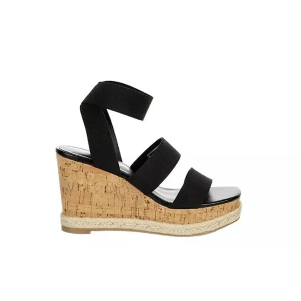 NEW Steve Madden Madden Girl Wedge Sandals Black Cork Heel Open Toe Womens 8.5
